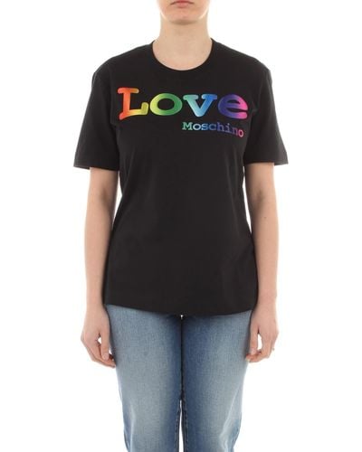 Love Moschino S Cotton Jersey Rainbow Shiny Satin Logo on The Front. T-Shirt - Weiß
