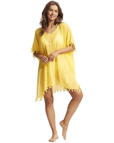 Seafolly Kaftan Kleid mit Quastenbesatz Bademode Cover Up - Gelb