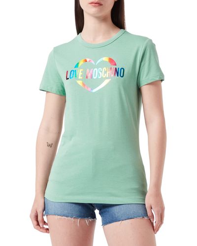 Love Moschino Slim Fit in Cotton Jersey with Heart Multicolor Foil Print. T-Shirt - Verde
