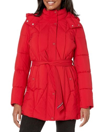 Tommy Hilfiger Solid Long Puffer Hooded Self Tie Belt Jacket - Red
