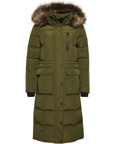 Superdry Women's Longline Faux Fur Everest Coat A4 - Padded, Surplus Goods Olive, - Green