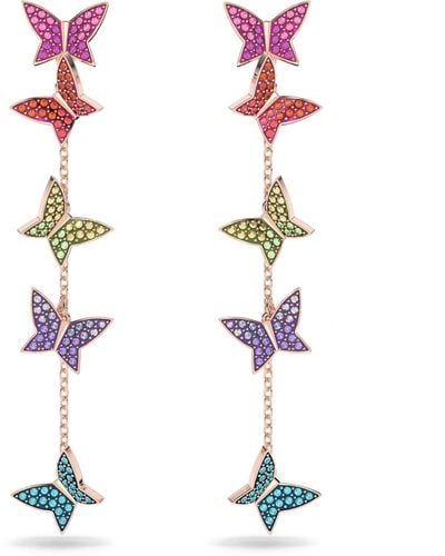 Swarovski Lilia Drop Pierced Earrings With Butterfly Motifs And Pink Rainbow Crystal Pavé - White