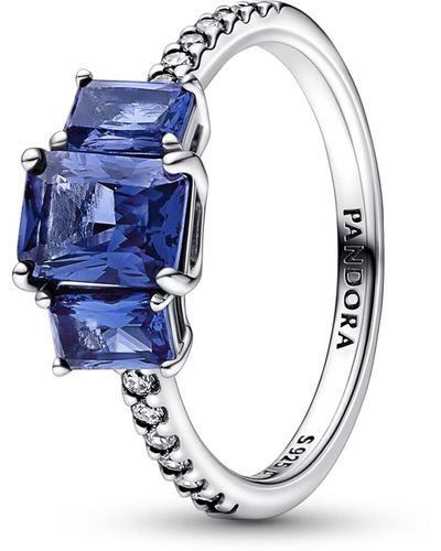 PANDORA Timeless Blue Rectangular Three Stone Sparkling Ring With Princess Blue Crystal And Clear Cubic Zirconia