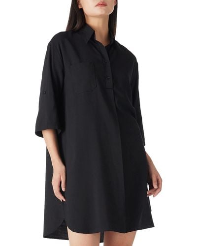 FIND Casual Oversized 3/4 Sleeve Button V Neck Shirt Dress Loose Long Blouse Tops - Black