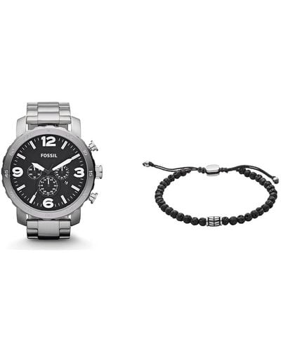 Fossil Silver-Tone Stainless Steel Watch and Black Semi-Precious Bracelet - Mettallic
