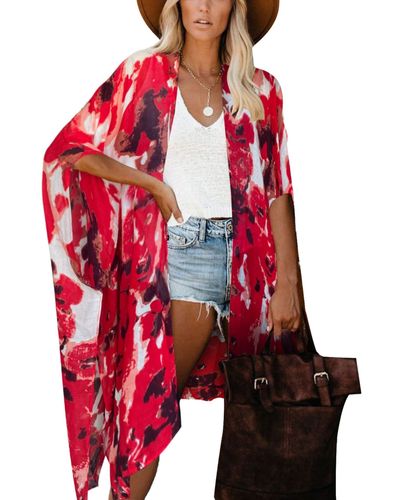 HIKARO Floral Beach Kimono Cardigan Boho Bikini Swimwear Cover Ups - Red