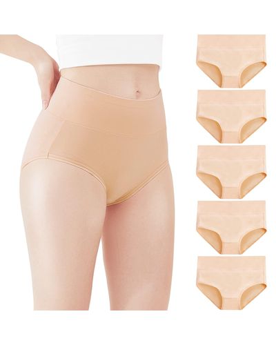 HIKARO Culotte Coton Slips Shorties Taille Haute Lot de 5 Culottes Elasticité Confortable_Beige_3XL - Neutre