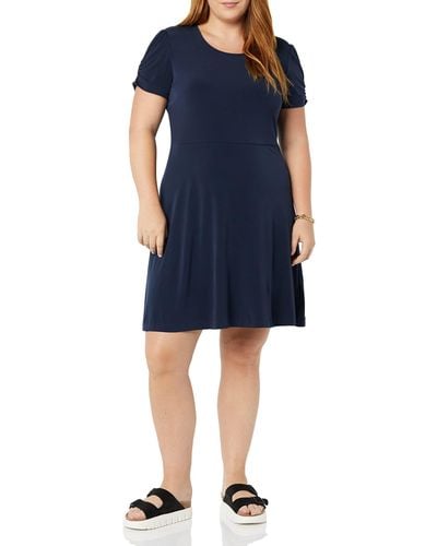 Amazon Essentials Gathered Short Sleeve Crew Neck A-line Dress - Blue