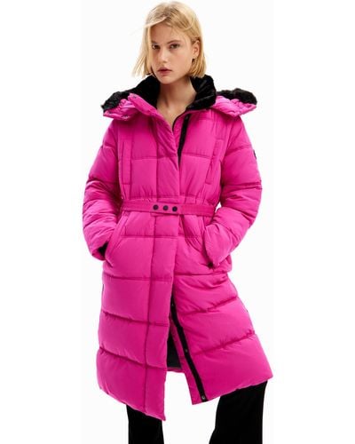 Desigual Warm Padded Surrey Winter Coat Belted Puffer 23wwewaz - Pink