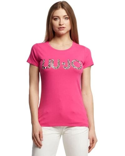 Liu Jo LIU JO T-Shirt con Logo Strass Maglia Maglietta Donna Cotone Stretch VA3025 Taglia L Colore Principale Fuxia - Rosa