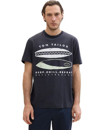 Tom Tailor Basic T-Shirt mit Streifen und Print - Blau