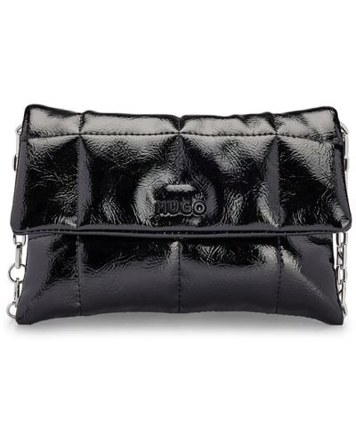 HUGO Vinyl-effect Quilted Clutch Bag With Logo Chain - Black
