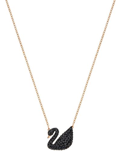 Swarovski Swan Pendant Necklace With Black Crystal Pavé On A Rose-gold Tone Finish Setting - Metallic