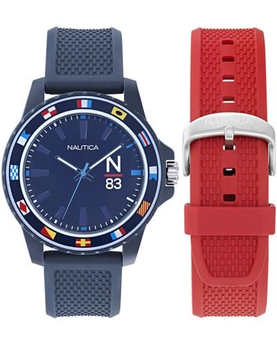 Nautica Finn World NAPFWF307 Montre pour homme avec bracelet en fibre PU et bracelet en fibre PU de blé rouge - Bleu