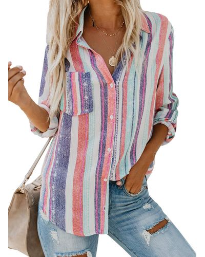 HIKARO S Casual Stripes Print V Neck Blouse Long Cuffed Sleeve Button Down Shirt Tunic Tops Uk Size 6 8 White - Red