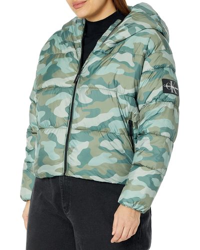 Calvin Klein Printed Hooded Boxy Puffer Jacket - Green