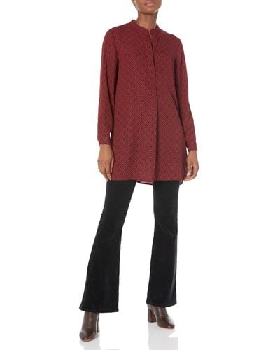 Anne Klein Printed Long Sleeve Popover Blouse - Red