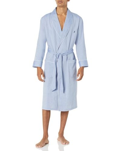 Nautica Mens Long-sleeve Lightweight Cotton Woven-robe Bathrobe - Blue