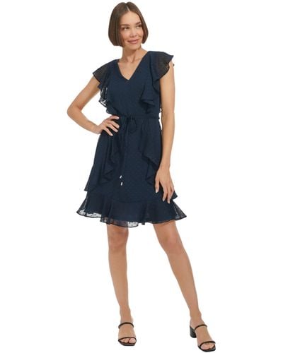 Tommy Hilfiger Flutter Sleeve V-neck Chiffon Fit And Flare Dress Casual - Blue