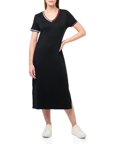 Tommy Hilfiger V-neck Stripe Trim Midi T-shirt Dress Casual - Black