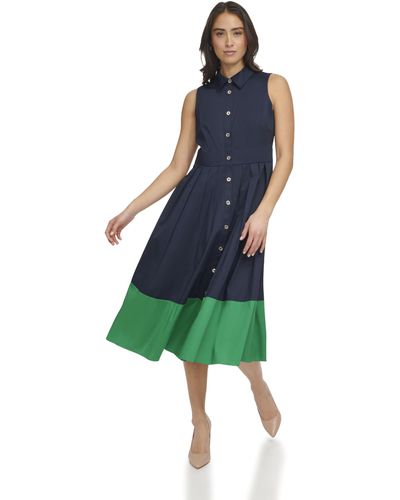 Tommy Hilfiger Cotton Sateen Fabric Sleeveless Midi Shirt Dress - Blue