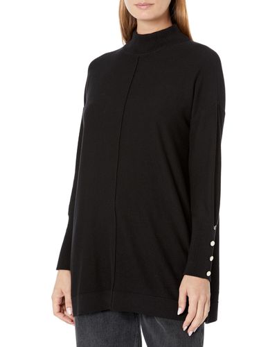 Anne Klein Mock Neck Sweater Long Sleeve With Buttons - Black