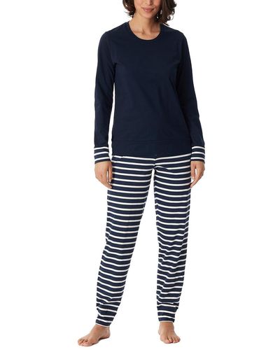 Schiesser Schlafanzug lang mit Bündchen Baumwolle-Nightwear Pyjamaset - Blau