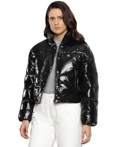 Calvin Klein Cropped Shiny Puffer Winter Jacket - Black