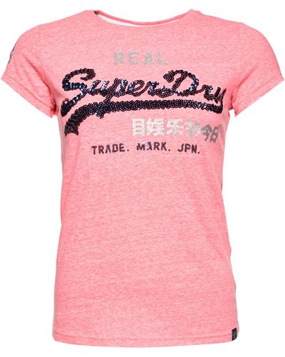 Superdry Vintage Logo T-shirt With Sequin Trim - Pink