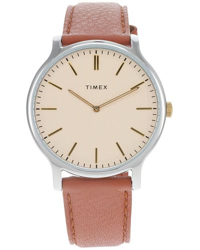 Timex Gallery 40mm Watch – Cream Dial Silver Tone Case Brown Leather - Black