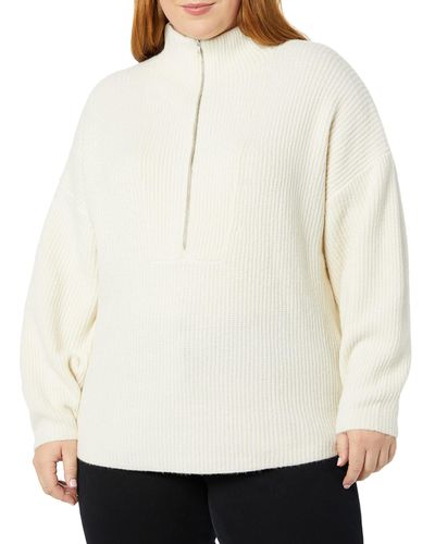 Amazon Essentials Stretch-Pullover aus mittelgrobem Strick mit halblangem Reißverschluss und Polokragen - Weiß