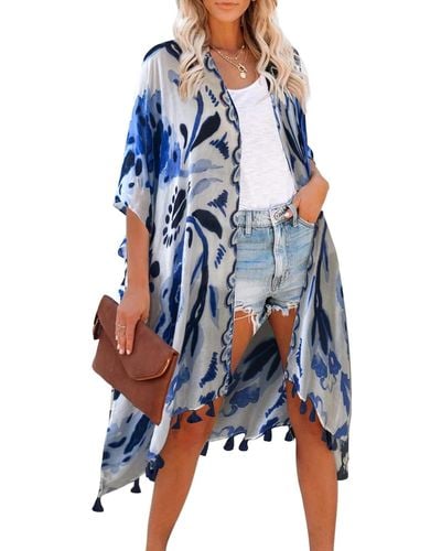 HIKARO Floral Lange Kimono Cardigan Bademode Cover Ups Druck Boho Strand Bikini Front Open Loose Shawl Bluse - Blau