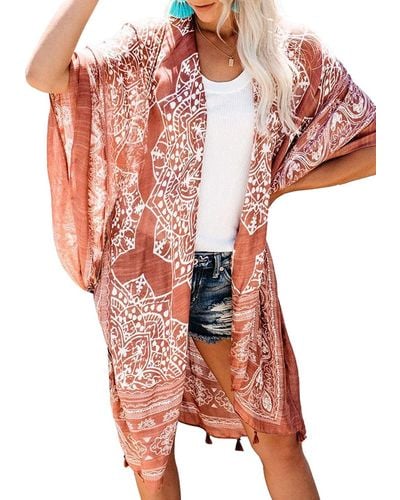 HIKARO Merk - Vrouwen Bloemenprint Strand Kimono Vest Lange Badmode Cover Ups - Rood