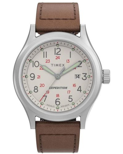 Timex 41 Mm Expedition Leather Strap Watch Silver/cream/brown One Size - Metallic