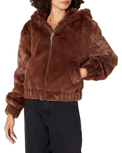 The Drop Sloane Faux Fur Zip Front Hooded Bomber Jacket - Brown