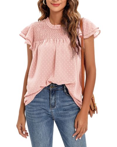 FIND Casual Swiss Dot T Shirts Ruffle Short Sleeve Blouse Tops - Pink