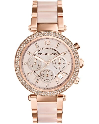 Michael Kors Parker Chronograph Quartz Watch With Rose Gold Tone Stainless Steel Strap With Blush Acetate Centre Links For Mk5896 - Pink
