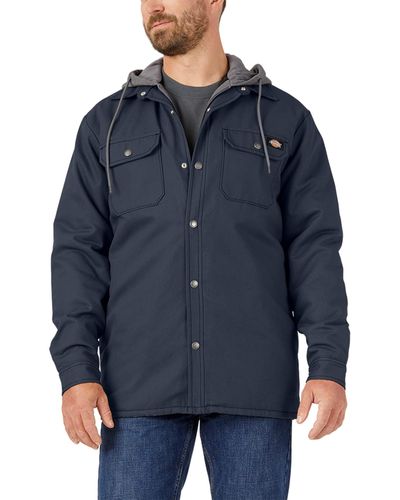 Dickies Mens Fleece Hooded Duck Shirt Jacket With Hydroshield Work Utility Outerwear - Blue