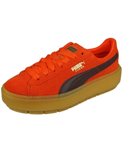 PUMA Platform Trace Block Lace Up Orange Suede Leather S Trainers 367057 03 - Red