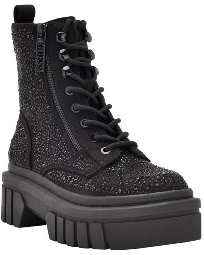 Guess S Black Embellished Lace Ferine Round Toe Block Heel Zip-up Combat Boots Uk Size 3