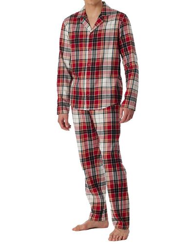Schiesser Schlafanzug lang durchgeknöpft Web Flanell-warm und weich Pyjamaset - Rot