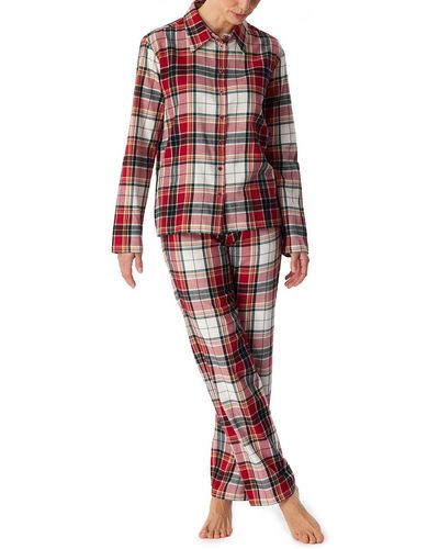 Schiesser Schlafanzug lang Flanell 100% Baumwolle durchgeknöpft-Winter Pyjamaset - Rot
