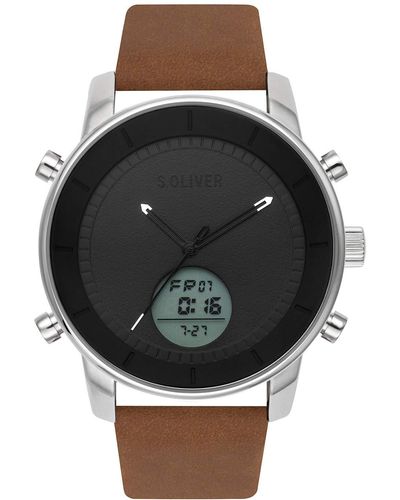 S.oliver Time Analog-Digital Quarz Uhr mit Leder Armband SO-3619-LD - Braun