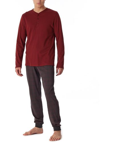 Schiesser Schlafanzug lang mit Knopfleiste warme Baumwolle-Interlock Pyjamaset - Rot