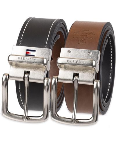 Tommy Hilfiger Reversible Leather Belt - Casual For S Jeans With Double Sided Strap And Silver Buckle - Black