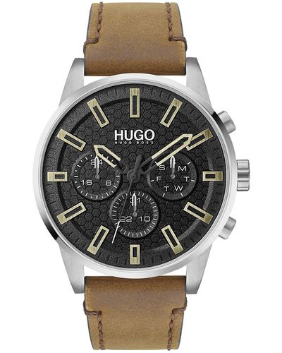 HUGO Analog Quarz Uhr mit Leder Armband 1530150 - Braun
