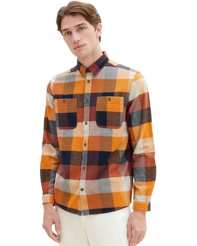 Tom Tailor 1037434 Comfort Fit Karo-Hemd mit aufgesetzten Brusttaschen - Orange