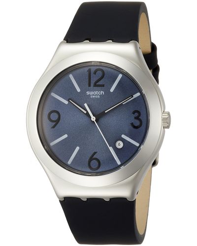 Swatch Analog Quarz Uhr mit Leder Armband YWS427 - Blau