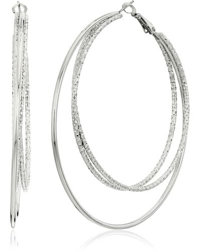 Guess Smooth And Textured Wire Silver Hoop Earrings - White