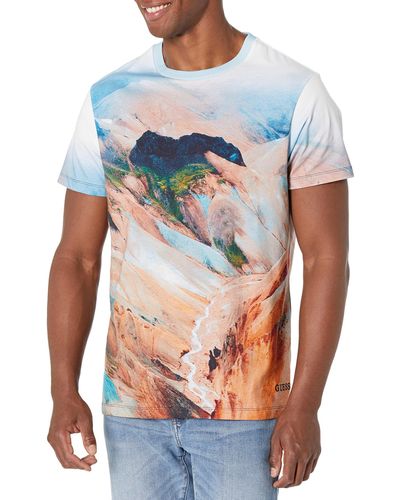 Guess Mens Landscape Crewneck Short Sleeve Tee Shirt - Multicolour